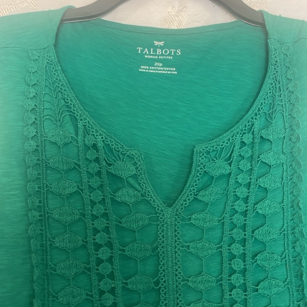 Talbots 2XP Sleeveless Tank Top Green 100% COTTON. Crochet detail on top Preworn - Picture 2 of 13